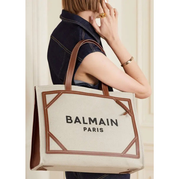 NEW BALMAIN PARIS B ARMY SUMMER CANVAS LEATHER TOTE SHOPPER BAG - Picture 2 of 10